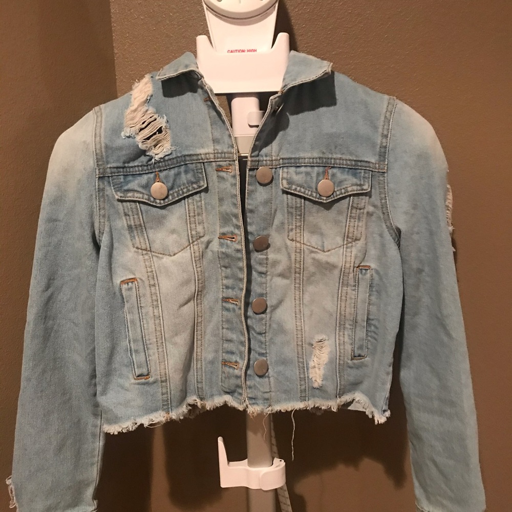 Cropped, Distressed Denim Jacket - image 1